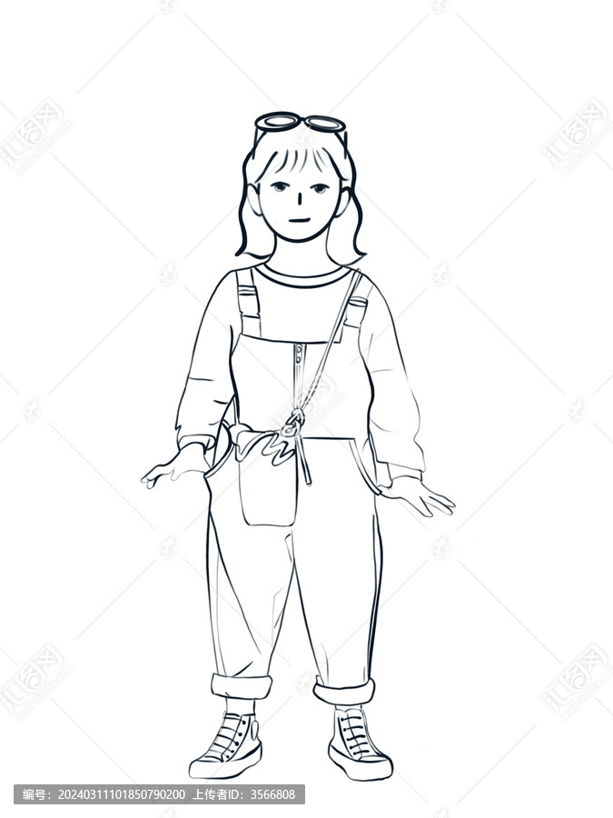 手繪插畫簡筆畫黑白站立女孩線稿