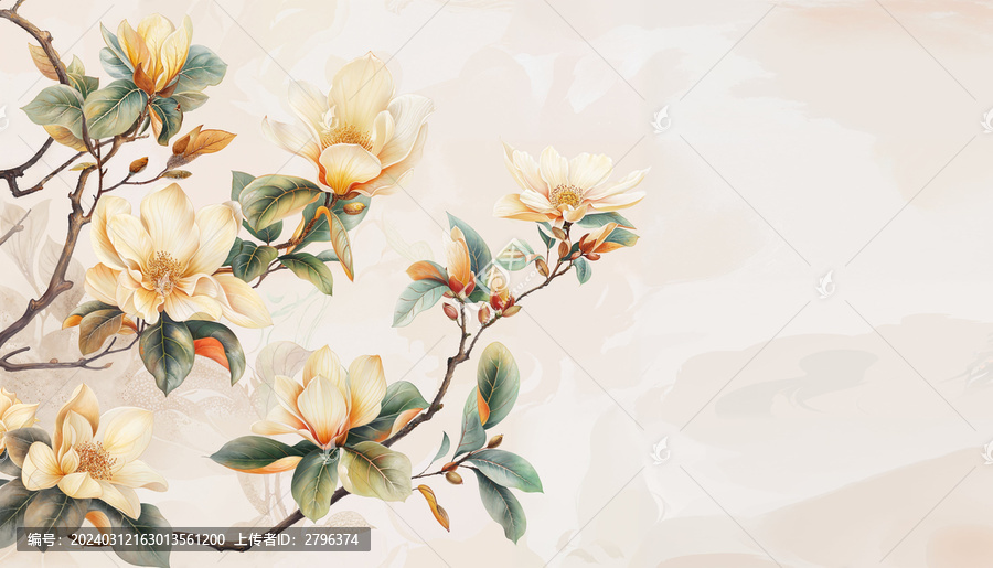 手繪插畫玉蘭花背景墻
