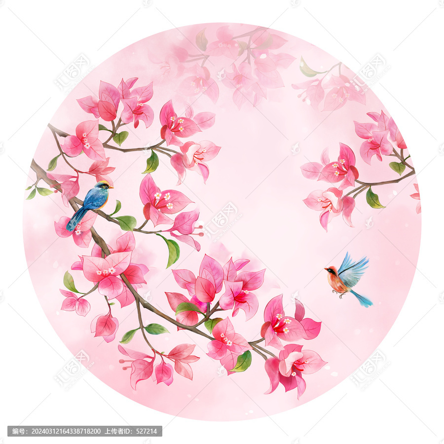 水墨三角梅花鳥畫