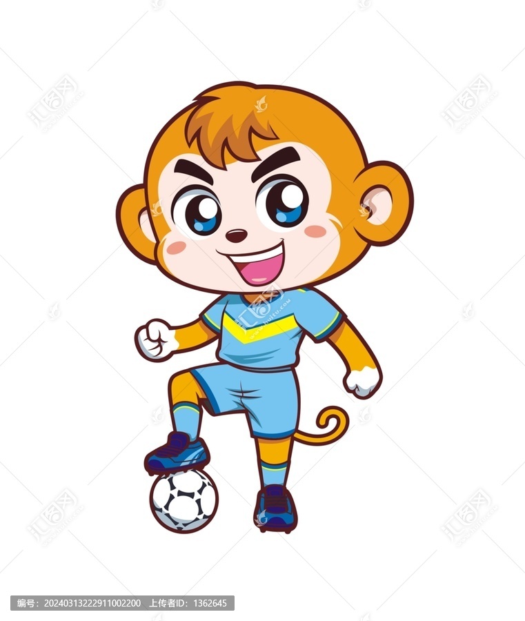 卡通可爱小猴踢足球形象矢量图