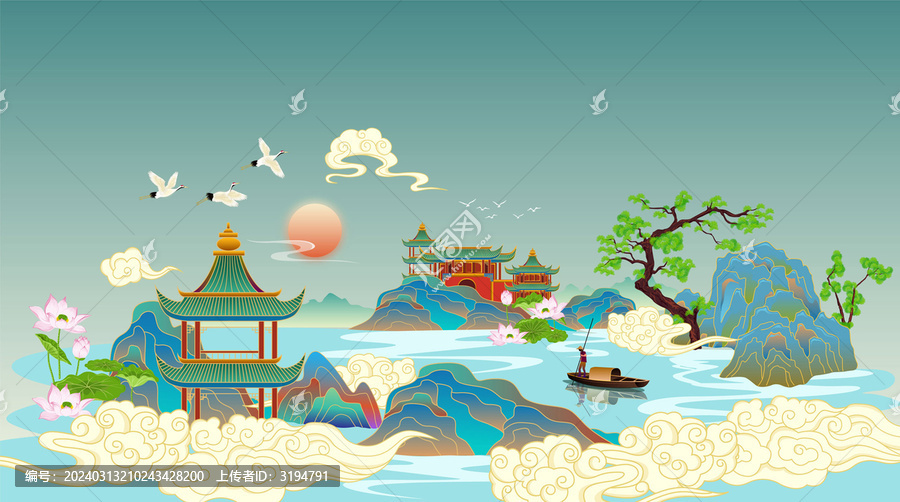 國(guó)潮山水樓閣仙景插畫