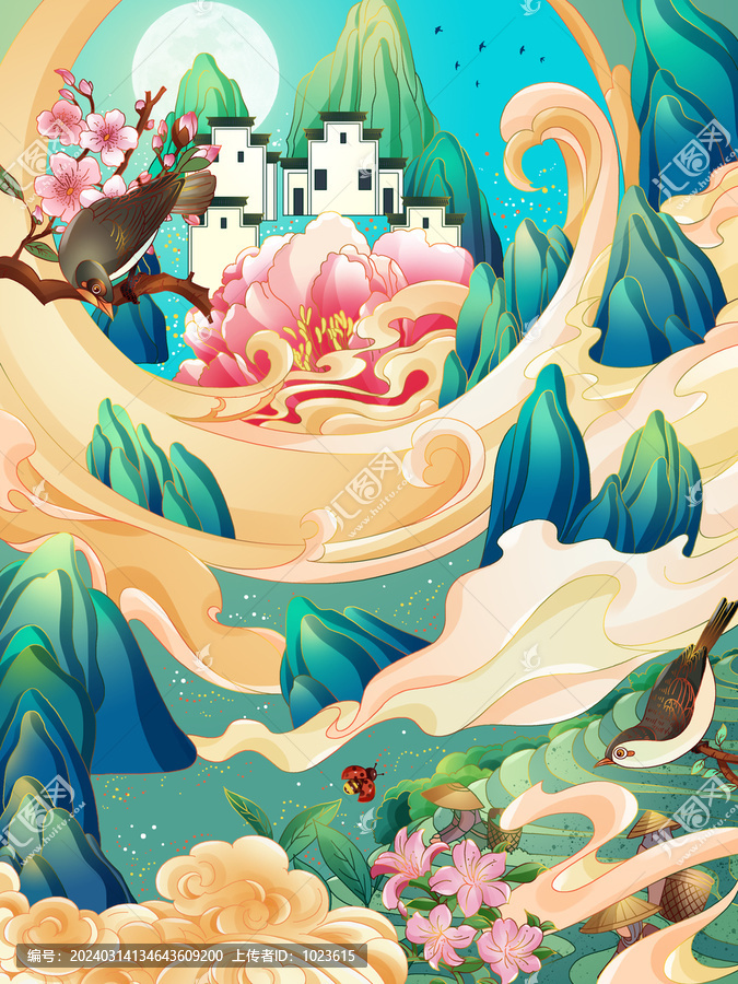 谷雨節(jié)氣山水鮮花場景插畫