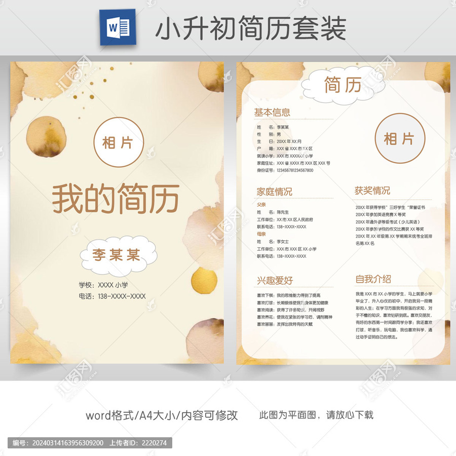 簡約水墨學(xué)生小升初簡歷