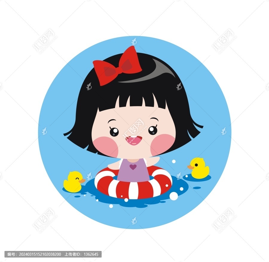 卡通可愛小女孩游泳頭像矢量圖
