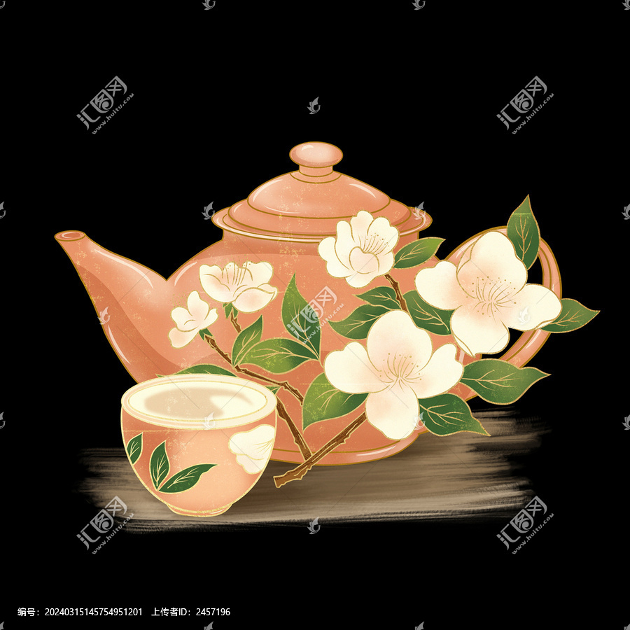 茶具茶壺茉莉花插畫