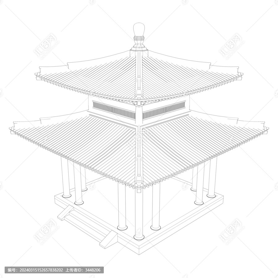 重檐攒尖方亭鸟瞰线稿