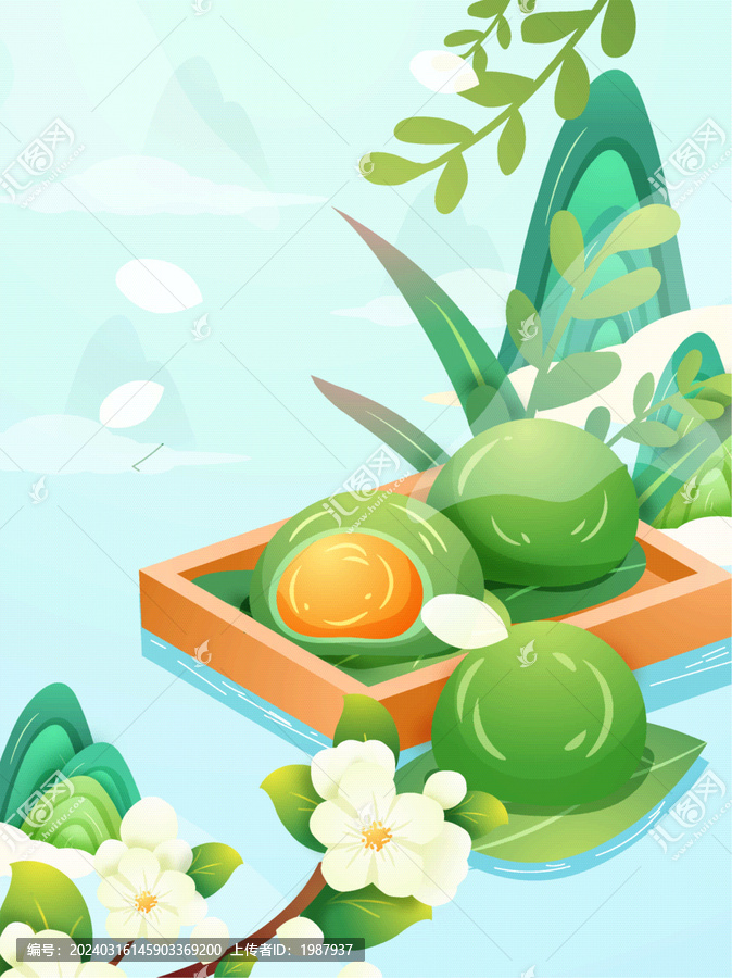 矢量手繪清明節(jié)青團(tuán)梨花插畫