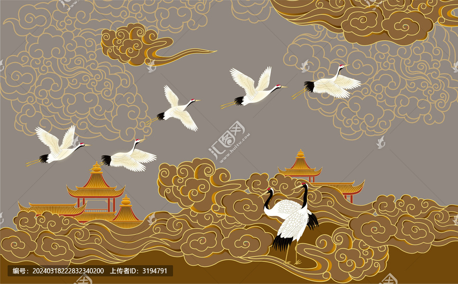 金色祥云仙鶴古風(fēng)插畫