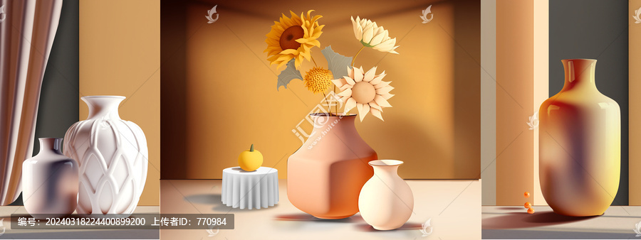 莫蘭迪色手繪三聯(lián)向日葵花卉