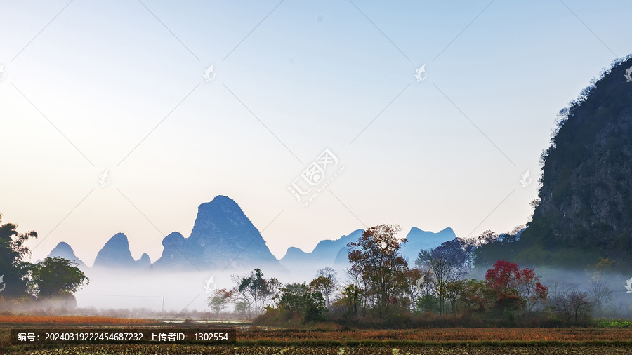 自然山峰日出秋景雾红叶高清图