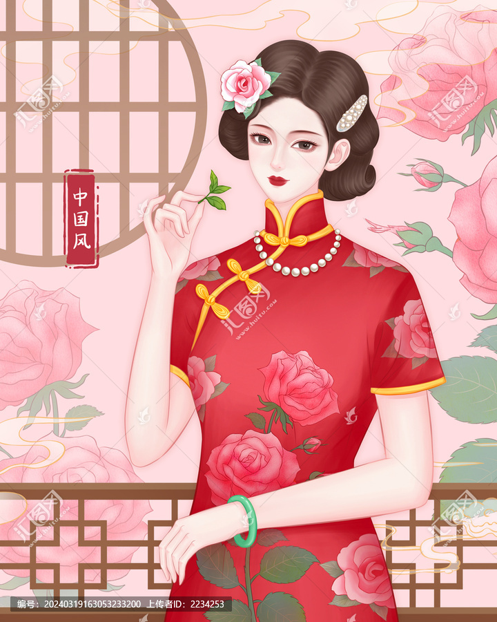 旗袍美人玫瑰花茶包裝插畫