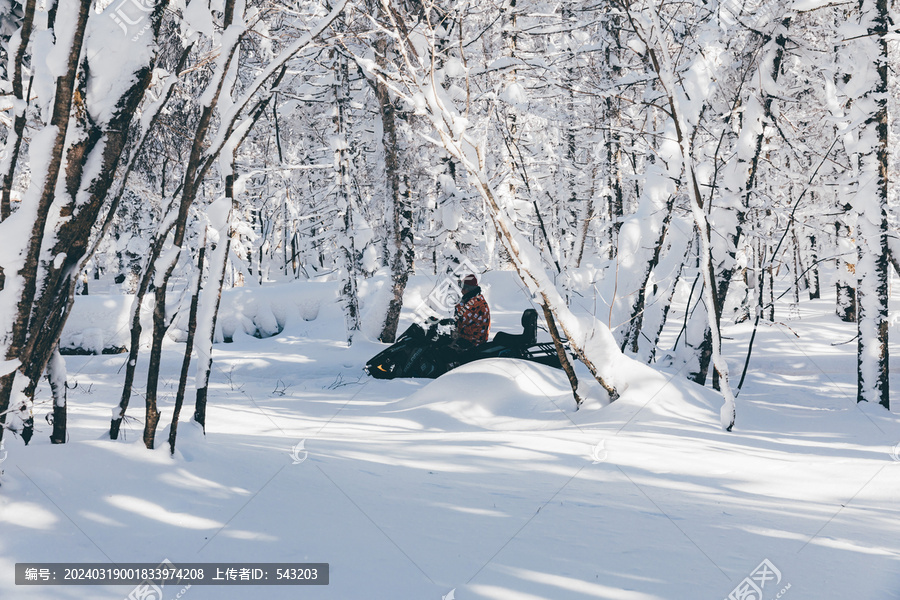 冬季天森林雪景东北雪地摩托滑雪