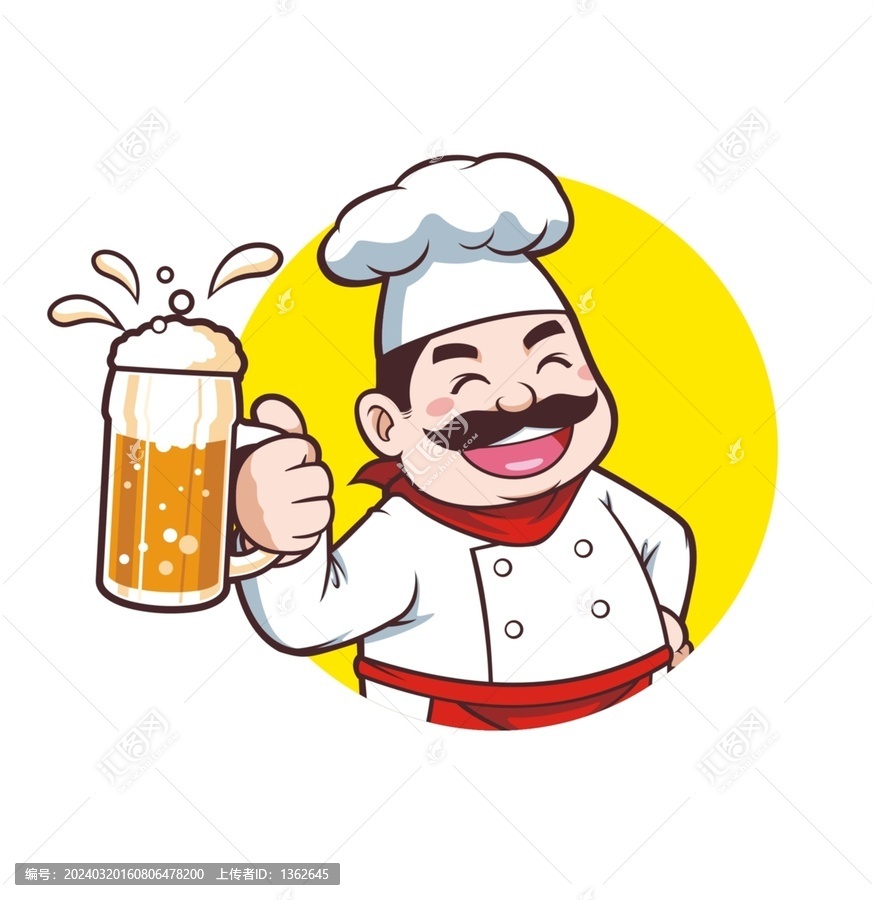 卡通中年男厨师喝啤酒头像矢量图