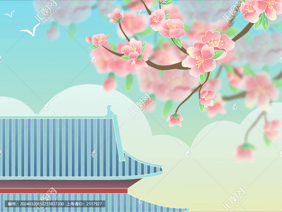 春天桃花開(kāi)古建筑邊角矢量插畫(huà)