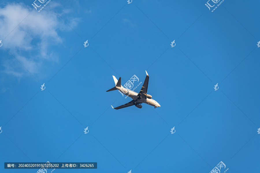 飞机在空中飞行的低角度视图