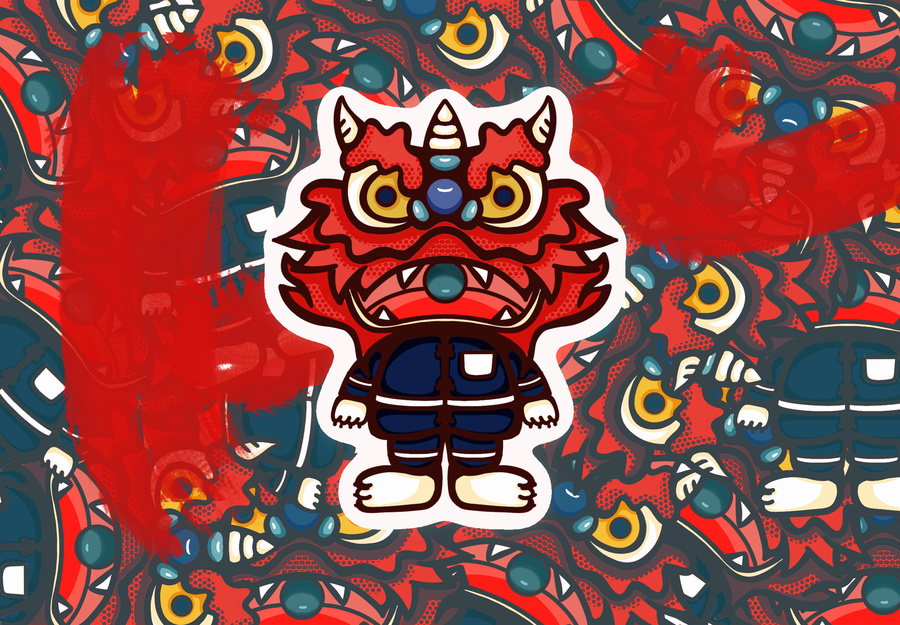 喜慶春節(jié)醒獅文化國潮流手繪插畫