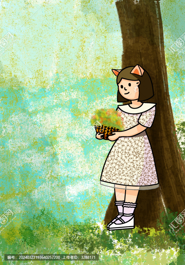 肌理扁平森林貓耳女孩貓女插畫(huà)