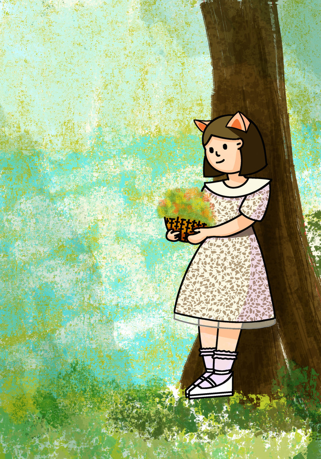 肌理扁平森林貓耳女孩貓女插畫(huà)
