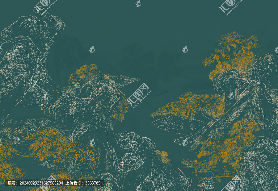 描金山水中式線描山水壁畫