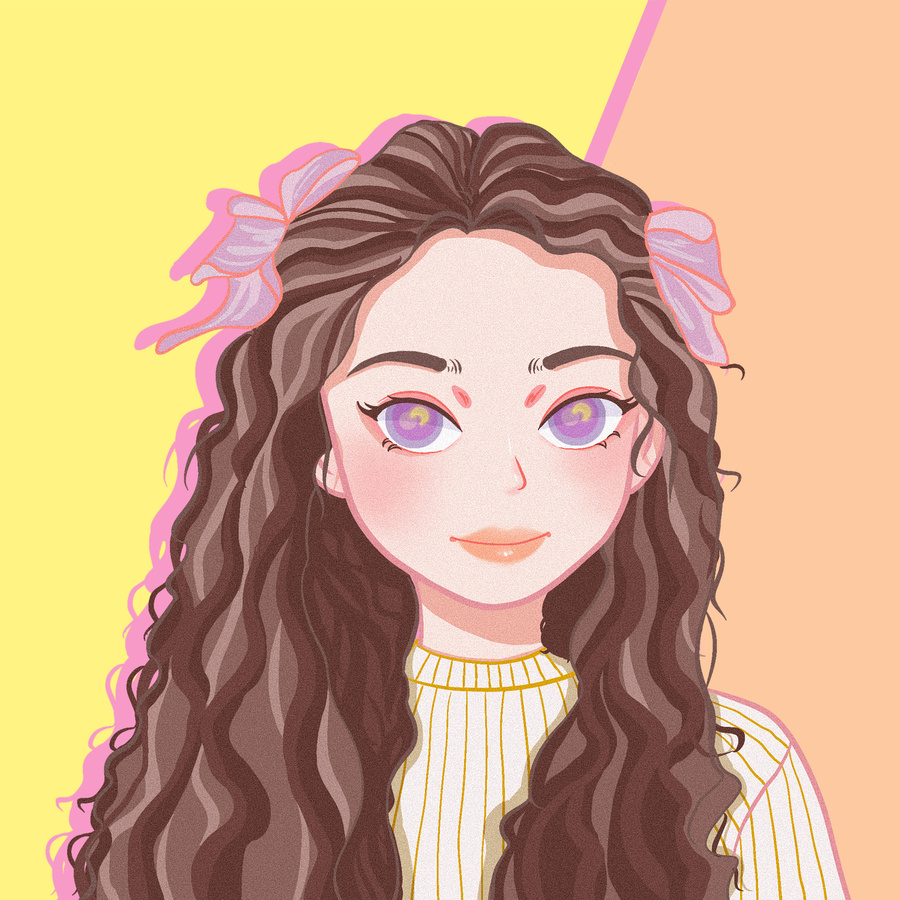 手繪鴨風(fēng)頭像卷發(fā)蝴蝶結(jié)少女插畫