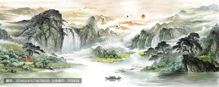 高清中式彩墨山水背景墻壁畫