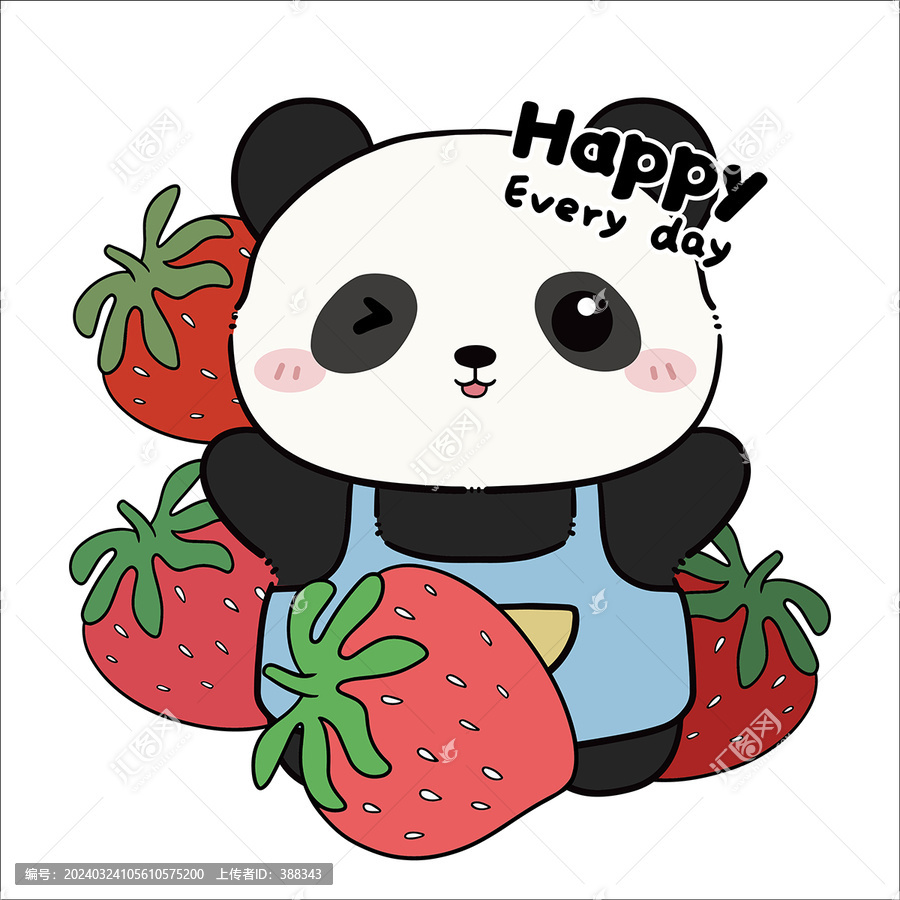 描邊風(fēng)卡通草莓熊貓矢量圖