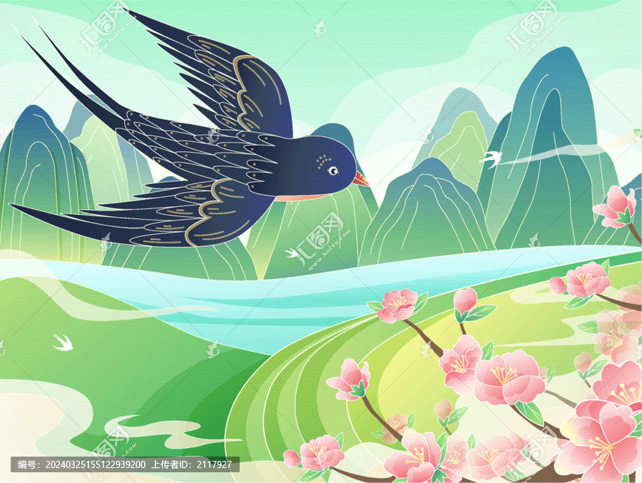 國(guó)潮矢量春天燕子桃花插畫(huà)