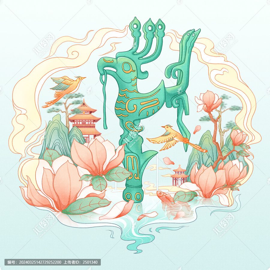 三星堆鳳凰于飛插畫