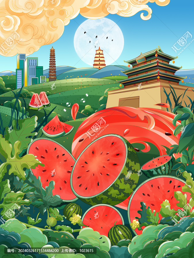 城市主題水果西瓜產(chǎn)品包裝插畫(huà)