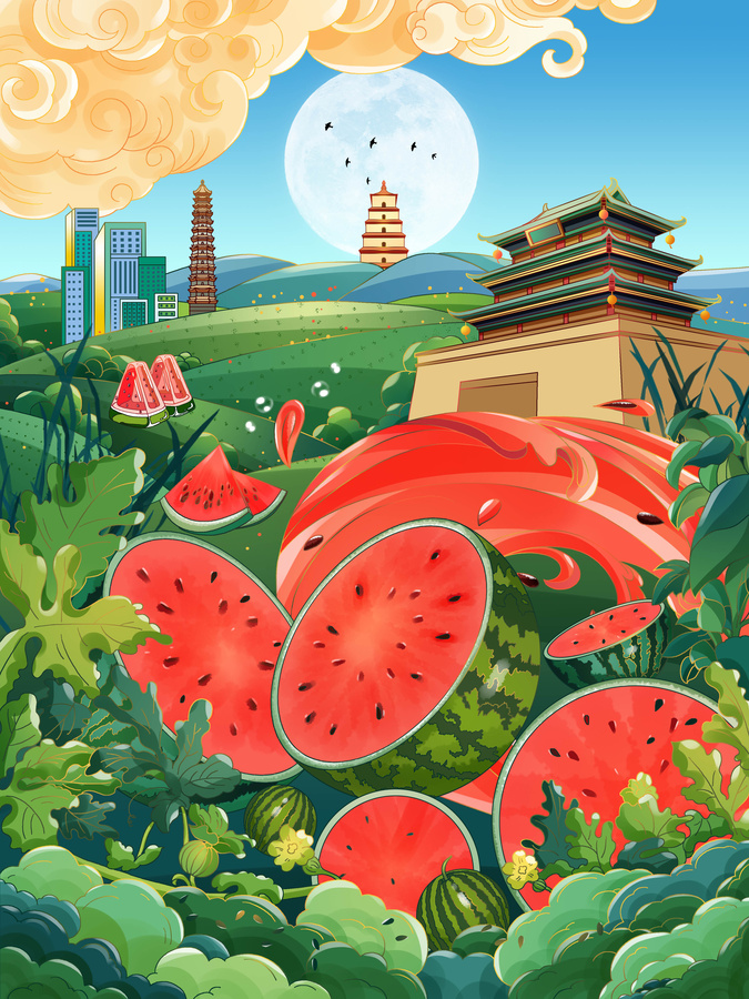 城市主題水果西瓜產(chǎn)品包裝插畫(huà)