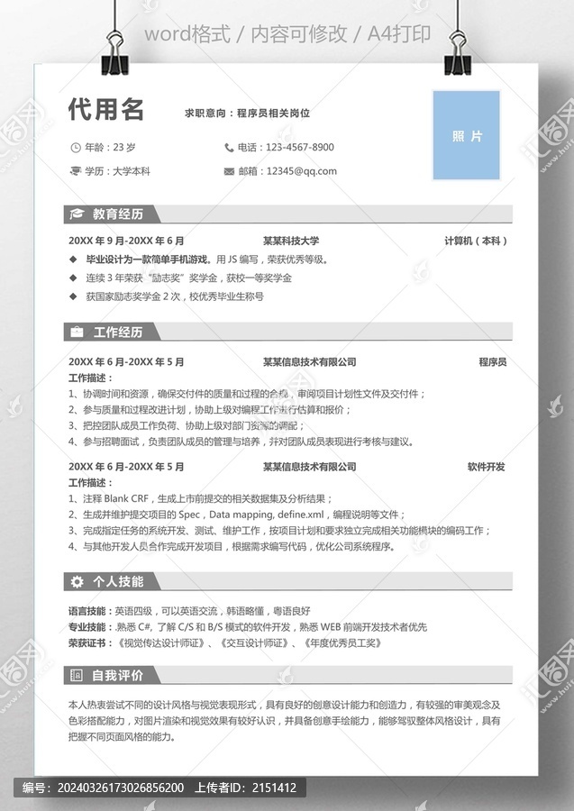 个人简历程序技术开发软件计算机