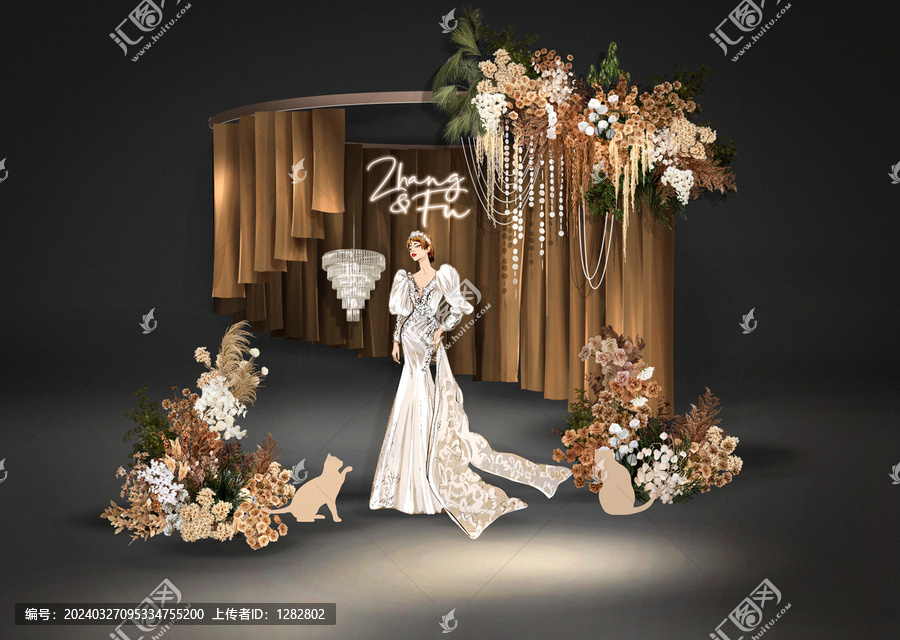 咖色婚禮迎賓區(qū)復(fù)古花藝布幔