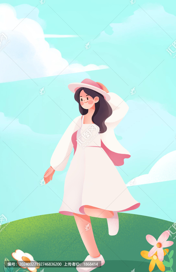 簡約小清新人物春游插畫
