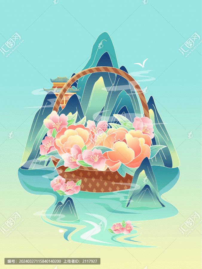 國(guó)潮插畫(huà)春日山水花卉