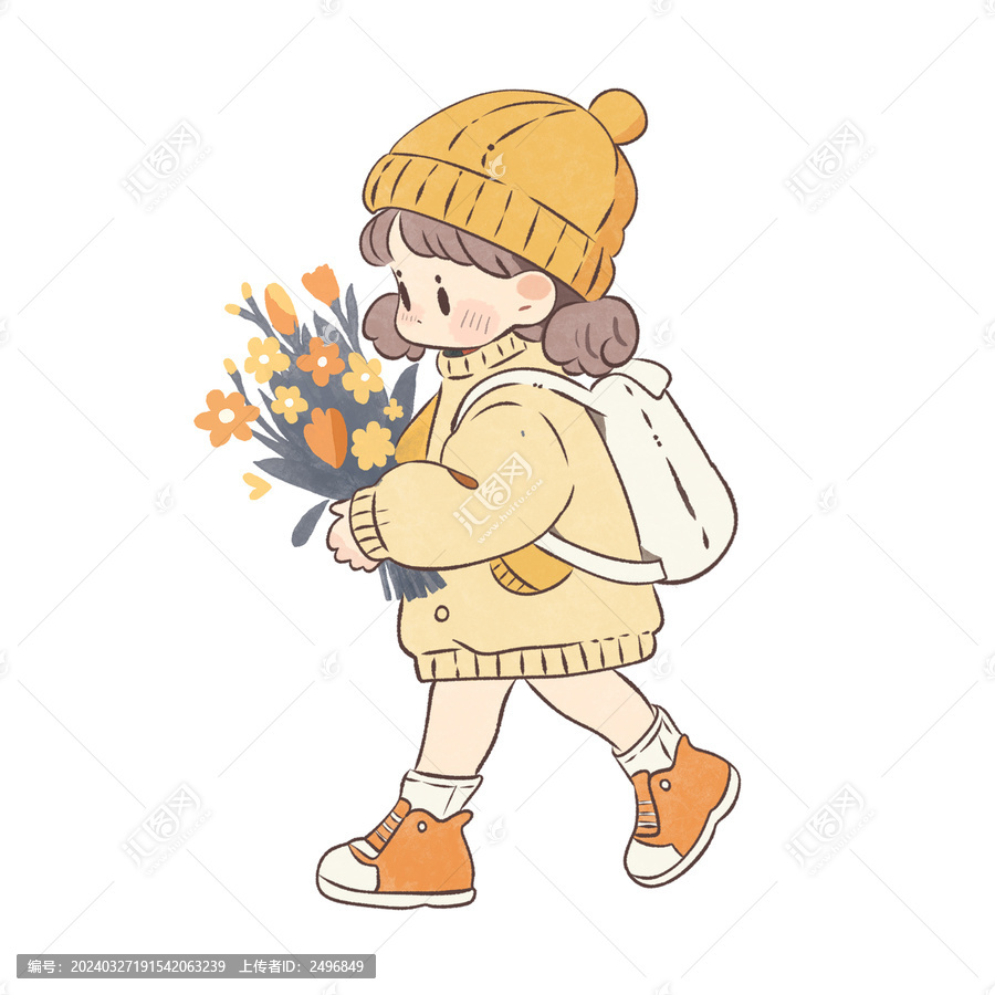 手捧鮮花背書包的小女孩卡通圖案