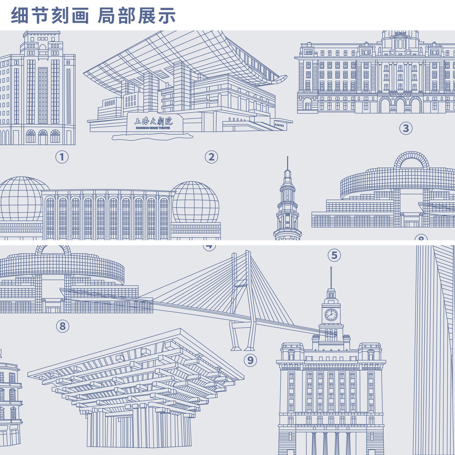 上海地标建筑线描线稿剪影海报