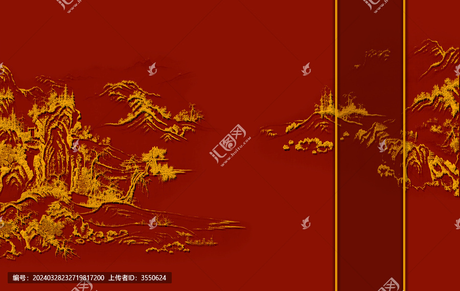 新中式復(fù)古山水樓閣背景墻壁畫