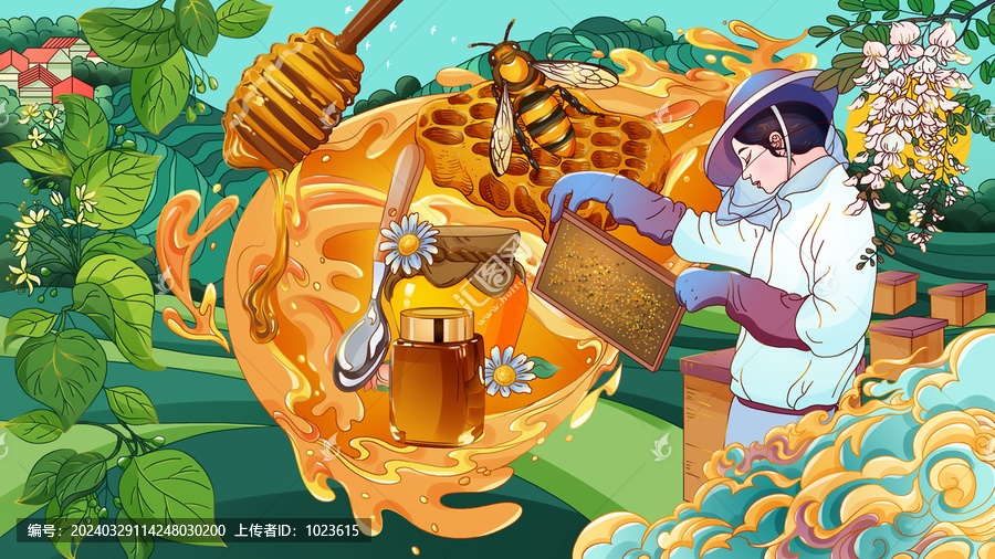 蜂蜜釀造工藝采蜜場(chǎng)景插畫