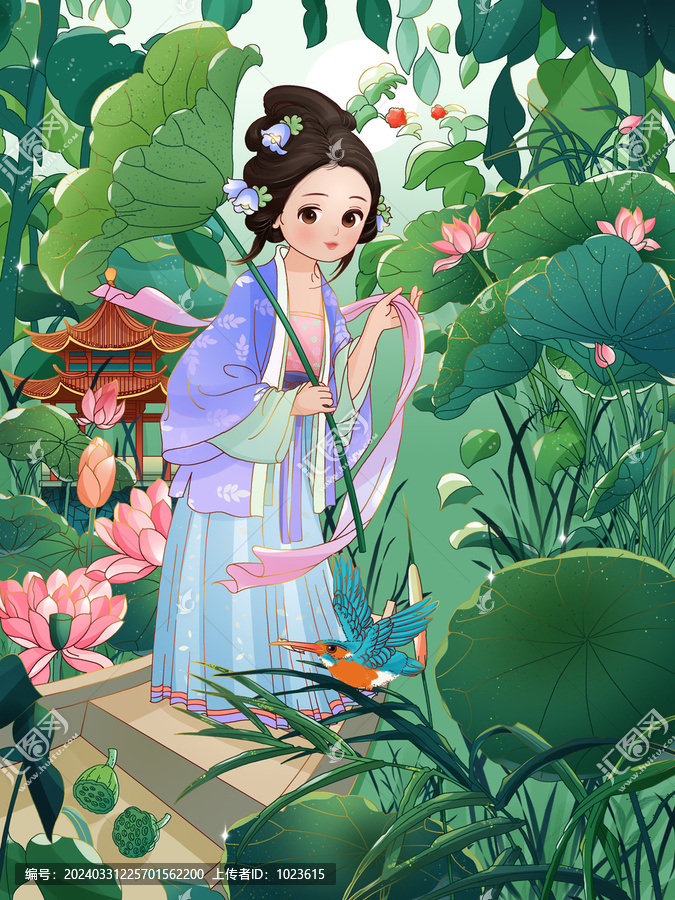古風(fēng)人物荷葉創(chuàng)意場景插畫