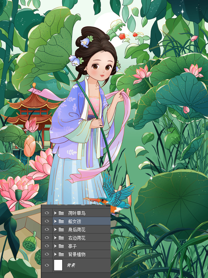 古風(fēng)人物荷葉創(chuàng)意場景插畫