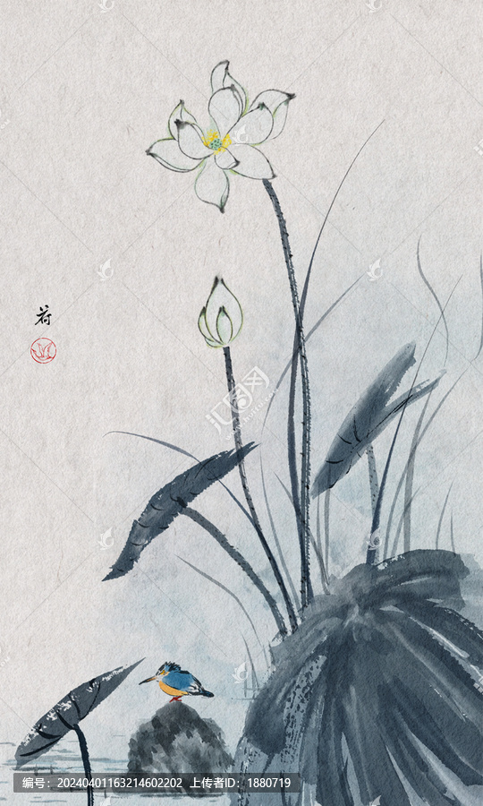 水墨荷與翠鳥