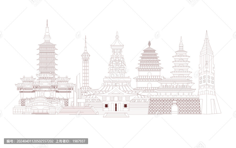 線描風(fēng)河北石家莊輪廓地標(biāo)建筑群
