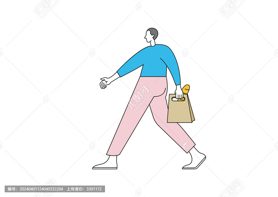 插畫人物提著面包的男人