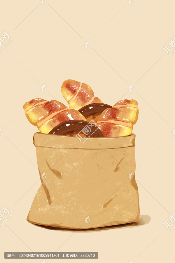裝在牛皮紙袋里的手繪面包插畫