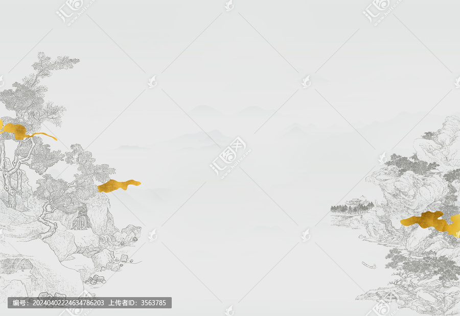工筆樓閣亭臺(tái)墻畫(huà)線(xiàn)描背景墻