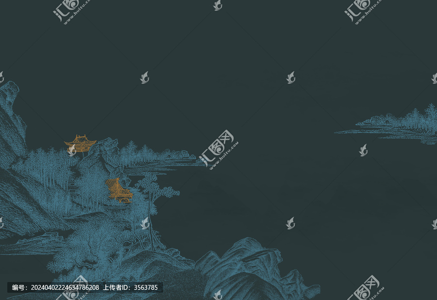 線描樓閣山水工筆線描畫