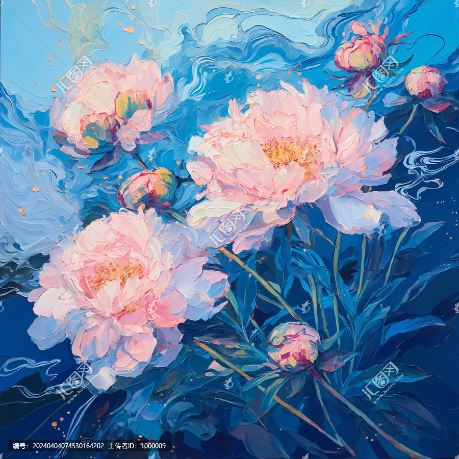 生動刮刀牡丹花油畫插畫
