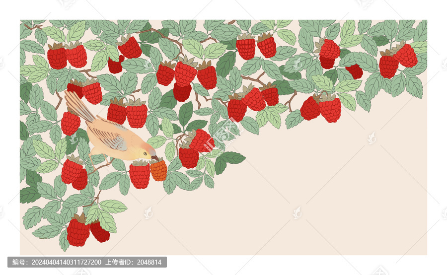 树莓花鸟图