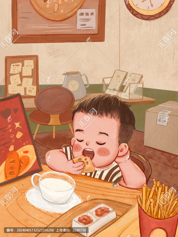 吃快餐的小男孩手繪插畫