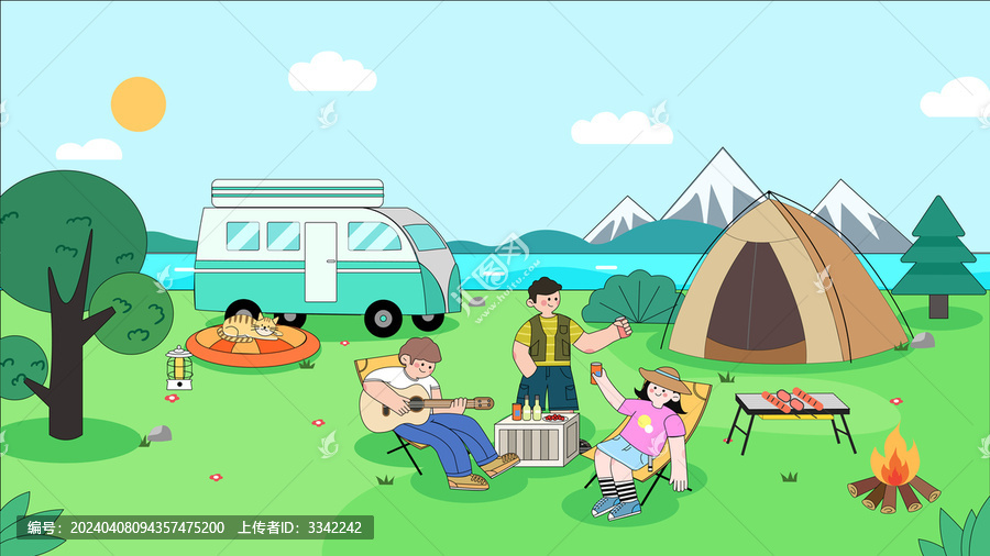 扁平矢量插畫戶外露營